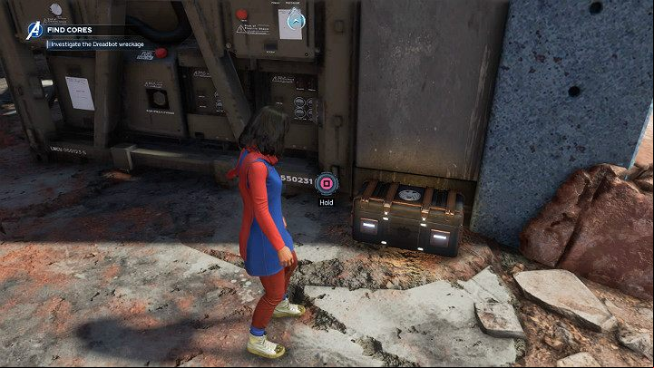 You will find a chest near the robots remains located just next to the chasm - it can be easily overlooked due to the color of the wall in the background - Marvels Avengers: The Dogs of War, walkthrough - Utah Badlands - Marvels Avengers Guide