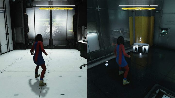 Upstairs, behind a cracked door, youll find a large office that contains a few containers with resources and a silver chest with equipment - Marvels Avengers: Breakout, walkthrough - Utah Badlands - Marvels Avengers Guide