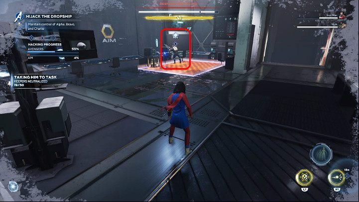 After taking over the first terminal, Jarvis will immediately start hacking AIM systems - Marvels Avengers: Breakout, walkthrough - Utah Badlands - Marvels Avengers Guide