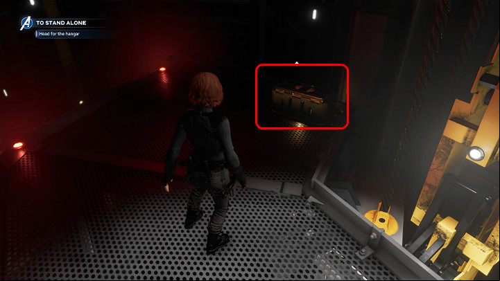 When you land on a small metal platform, make sure youve collected the chest, which can be found in a dark spot on the left - Marvels Avengers: To stand alone, walkthrough - Utah Badlands - Marvels Avengers Guide