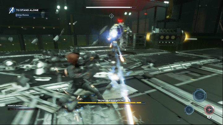 During combat, Monica will use long-range weapon, which was mounted on the right hand of the exoskeleton - Marvels Avengers: To stand alone, walkthrough - Utah Badlands - Marvels Avengers Guide