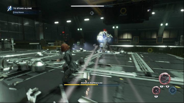 When the mech stands still and begins to charge the cannon it has in the right hand, it is a sign that after a while Monica will make use of the long-range weapon - Marvels Avengers: To stand alone, walkthrough - Utah Badlands - Marvels Avengers Guide