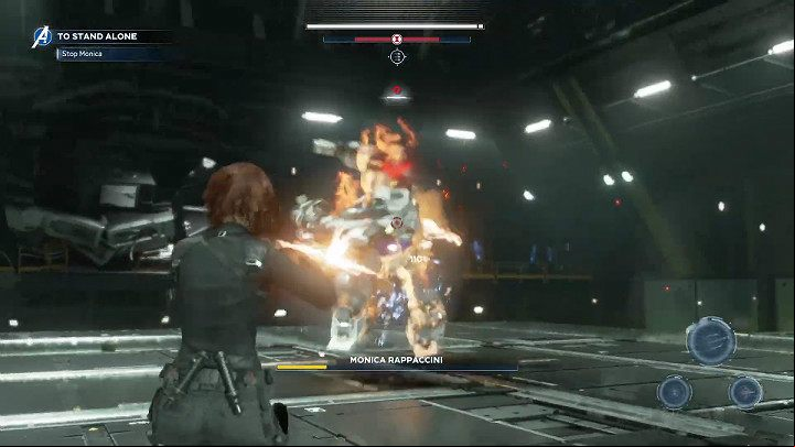 When the mech covers its chest with its arm and a red marker appears above its head, Monica will perform a charge - Marvels Avengers: To stand alone, walkthrough - Utah Badlands - Marvels Avengers Guide