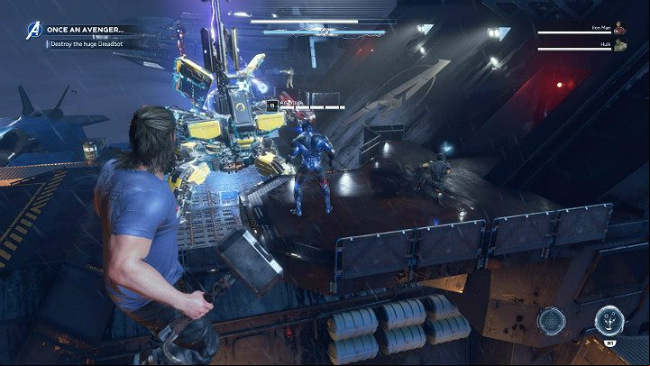 First, focus on eliminating the defenses - Adaptoids standing on both sides of the robot - Marvels Avengers: Once an Avenger, walkthrough - Helicarrier - Marvels Avengers Guide