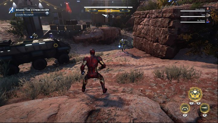 Black Widow has a clever plan and wants to get to the Meridian facility by boarding one of their hypercircuit trains - Marvels Avengers: Agony and the Ant Hill, walkthrough - Utah Badlands - Marvels Avengers Guide