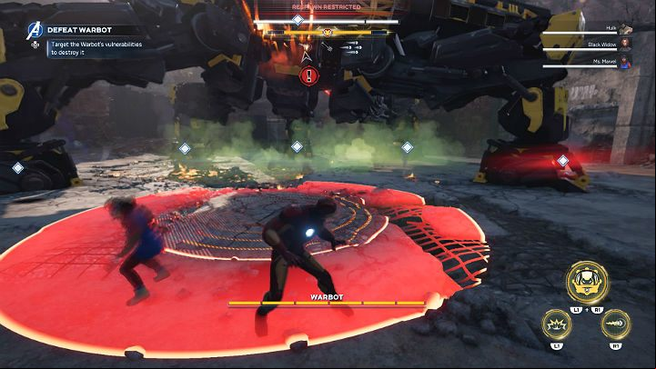 The Warbot will try to stomp on The Avengers - Marvels Avengers: Warbot boss - how to beat? Walkthrough - Bosses - Marvels Avengers Guide