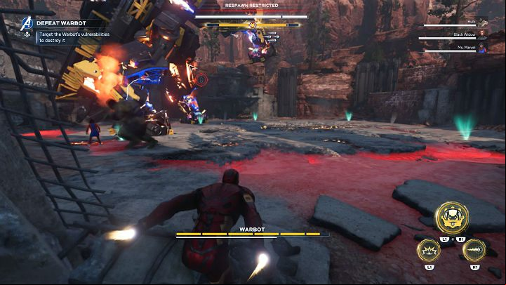 Every once in a while, the Warbot will try to turn around and perform a powerful stomp attack that will inflict massive damage on any hero who stays near it - Marvels Avengers: Warbot boss - how to beat? Walkthrough - Bosses - Marvels Avengers Guide