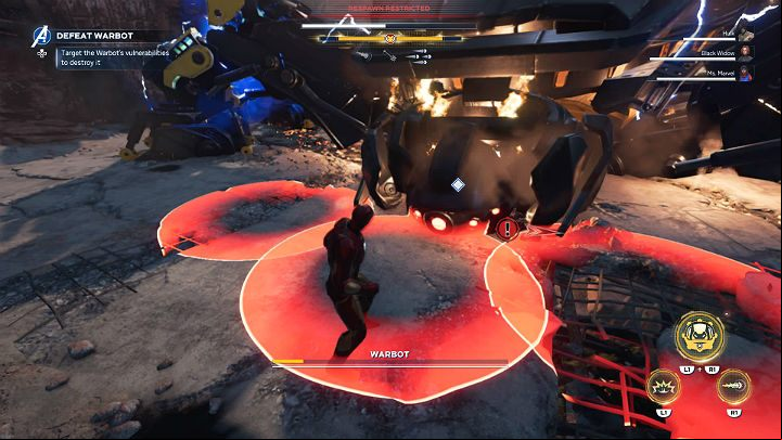 Go one last time to where the head fell and finish the boss off - Marvels Avengers: Warbot boss - how to beat? Walkthrough - Bosses - Marvels Avengers Guide