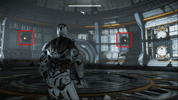 Then shoot the two buttons that appeared on either side of the age - Marvels Avengers: Testing 1, 2, 3, walkthrough - Earth Orbit - Marvels Avengers Guide