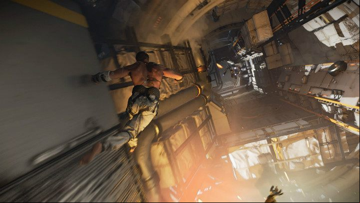 During the escape, combine double jumps with running on the walls to reach the escape pod - Marvels Avengers: Testing 1, 2, 3, walkthrough - Earth Orbit - Marvels Avengers Guide