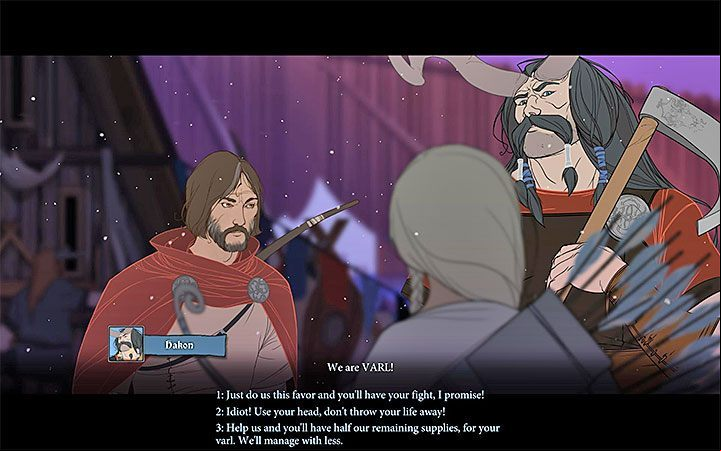 After the fight, the protagonist should be stopped by Tryggvi - Chapter 18 | Chapters walkthrough for The Banner Saga 3 - Walkthrough - The Banner Saga 3 Game Guide