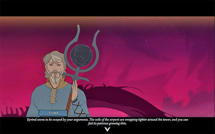 The first conversation (with Juno and Eyvind) starts before you climb the top of The White Tower - Chapter 22 - Endings | Chapters walkthrough for The Banner Saga 3 - Walkthrough - The Banner Saga 3 Game Guide