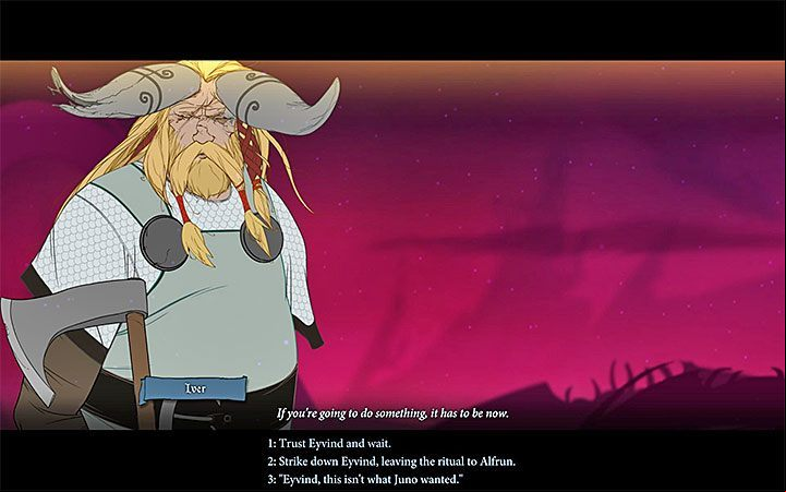 The final part of the conversation with Eyvidn is the most important - when you have to make the final choice (check the picture above) - Chapter 22 - Endings | Chapters walkthrough for The Banner Saga 3 - Walkthrough - The Banner Saga 3 Game Guide