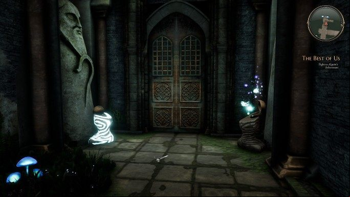 Past the fire breathing traps ahead of you, you will find a Stone Head, which should be put into the shrine located across the room - Shrines | Puzzles in The Bards Tale 4 - Puzzles - The Bards Tale 4 Game Guide