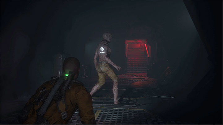 On the new floor, there is an opportunity for a stealth attack - crouch, approach the monster from behind and stab it with the shiv - Callisto Protocol: Aftermath - Walkthrough - The Callisto Protocol Guide