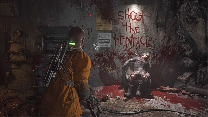 After the fight, examine the corpse of the guard under the red Shoot the Tentacles text - Callisto Protocol: Habitat - Walkthrough - The Callisto Protocol Guide