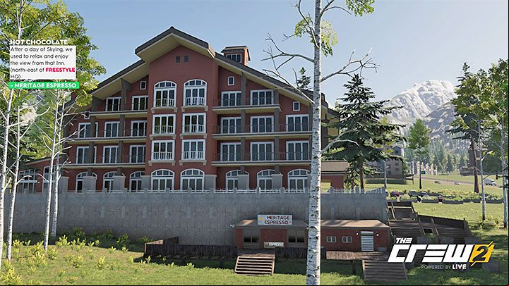 Description: After a day of skiing, we used to relax and enjoy the view from that inn (north-east from freestyle HQ) - Album - Street Racing in The Crew 2 - Photo Ops - The Crew 2 Game Guide