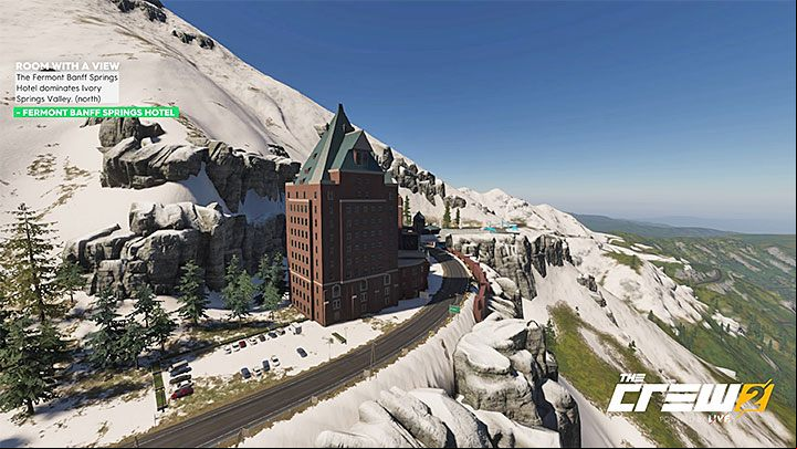 Description: The Fermont Banff Springs Hotel dominates Ivory Springs Valley (north) - Album - Street Racing in The Crew 2 - Photo Ops - The Crew 2 Game Guide