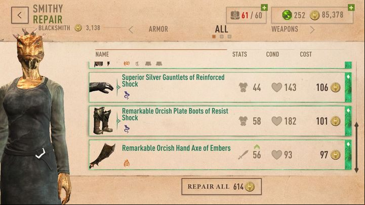 However, the repair of equipment can be expensive and it can happen that after a not very fruitful visit to the random dungeons of Abyss, we will spend more on restoring our equipment to its former glory than the gold we may obtain from the dungeon run - Repair of equipment in TES Blades - Equipment - The Elder Scrolls Blades Guide and Tips