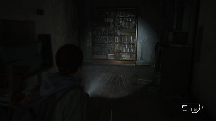 You must now reach the suspicious bookshelf and move it to unlock a hidden age - The Last of Us 2: The Overlook, Patrol, Jackson walkthrough - Jackson - The Last of Us 2 Guide