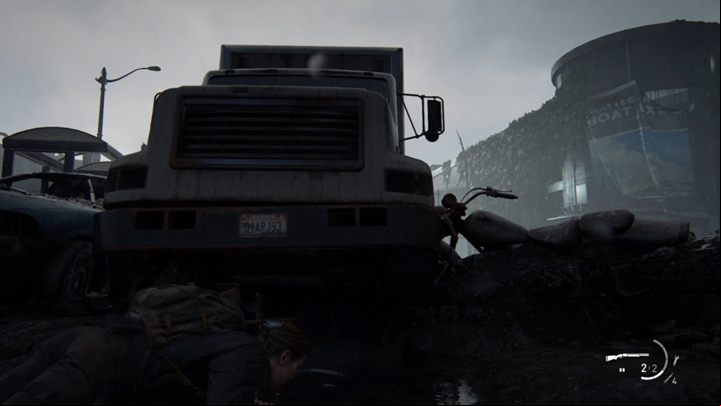When you get to the truck, crawl under it and then you can dive underwater - The Last of Us 2: The Marina, Seattle Day 3 Abby walkthrough - Seattle Day 3 - Abby - The Last of Us 2 Guide