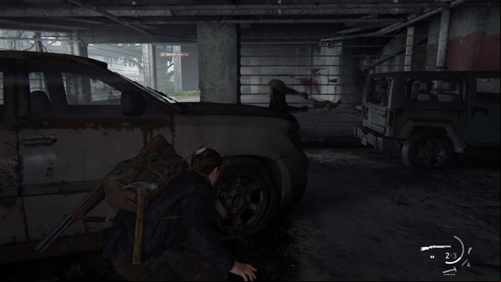Once you get to the underground garage, the sniper will shoot the cars that are close to you in order to lure some infected monsters towards your area - The Last of Us 2: The Marina, Seattle Day 3 Abby walkthrough - Seattle Day 3 - Abby - The Last of Us 2 Guide