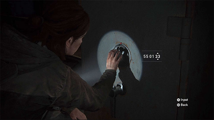 The code for the safe is the last six digits of the phone number: 55-01-33 - The Last of Us 2: Safe combinations - Seattle, Day 1 Ellie - Safes - The Last of Us 2 Guide