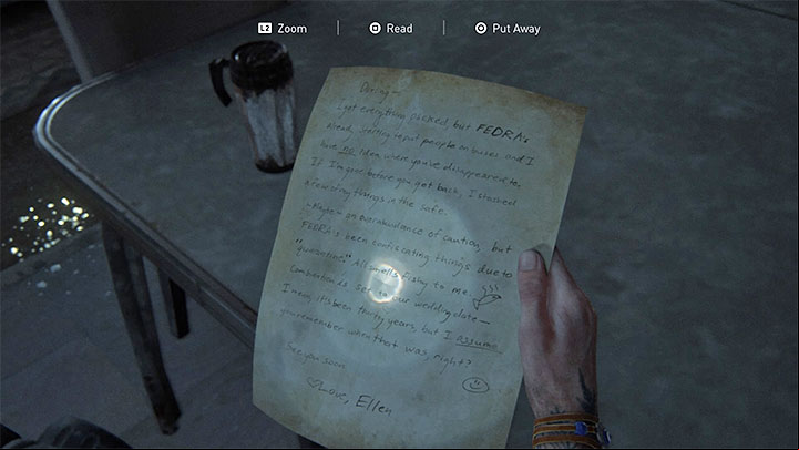 You may find a note lying on the table telling you that the combination to the safe is the date of the wedding - The Last of Us 2: Safe combinations - Seattle, Day 2 Ellie - Safes - The Last of Us 2 Guide