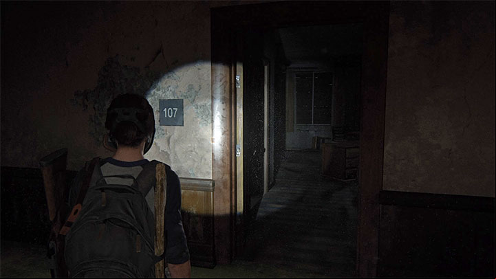 You must find and investigate room 107 - do so before the heroes encounter the first group of infected - The Last of Us 2: Finding Strings - collectibles, artefacts, coins - Seattle Day 2 - Ellie - The Last of Us 2 Guide