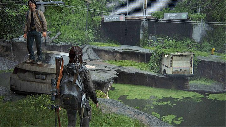 Take an interest in the underground garage located on the left - The Last of Us 2: Road to the Aquarium - collectibles, artefacts, coins - Seattle, Day 3 - Ellie - The Last of Us 2 Guide