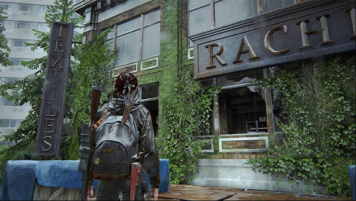 Climb the scaffolding and take an interest in Rachels Fabrics which is an adjacent building - The Last of Us 2: Road to the Aquarium - collectibles, artefacts, coins - Seattle, Day 3 - Ellie - The Last of Us 2 Guide
