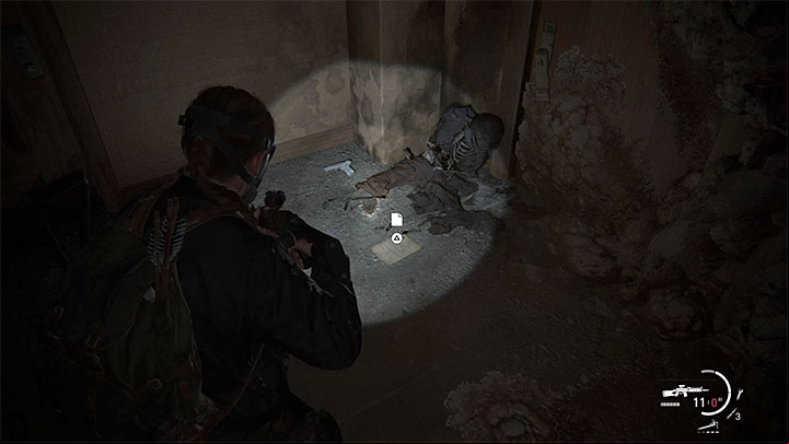 Soon after you start exploring the new floor you should find the corpse and the document that is lying next to it - The Last of Us 2: The Descent - collectibles, artefacts, coins - Seattle Day 2 - Abby - The Last of Us 2 Guide
