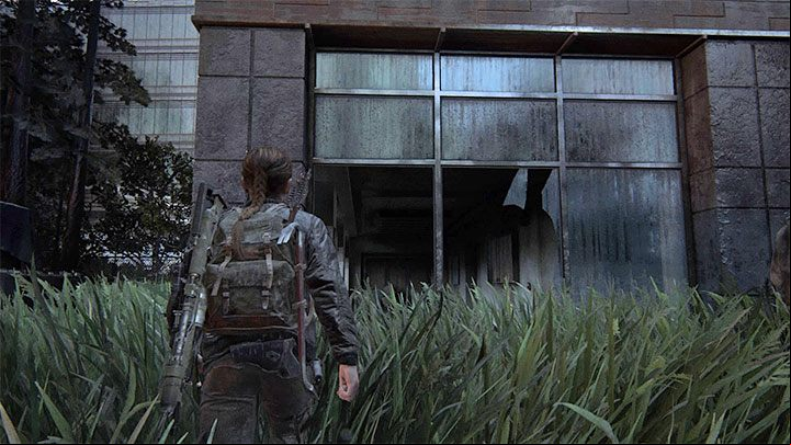 Turn right and enter the building shown in the picture with large broken glass walls - The Last of Us 2: The Descent - collectibles, artefacts, coins - Seattle Day 2 - Abby - The Last of Us 2 Guide