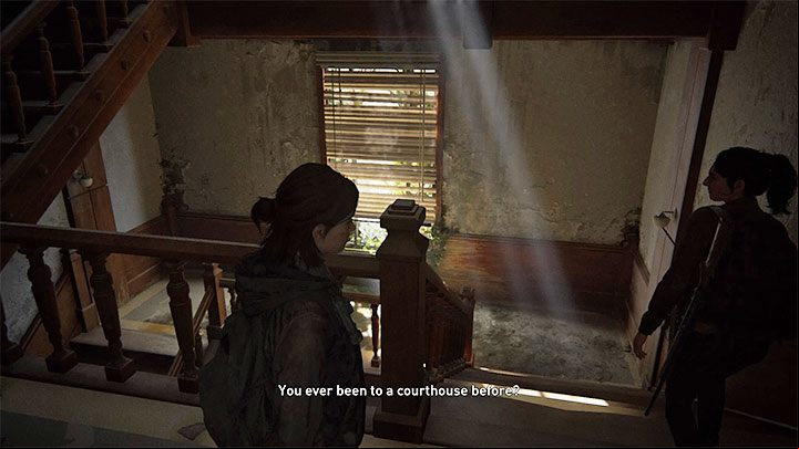 Inside the courthouse, you must defeat a group of infected and then locate the stairs leading to the lower floor - The Last of Us 2: Training manuals, ive skills - Character development and equipment upgrades - The Last of Us 2 Guide