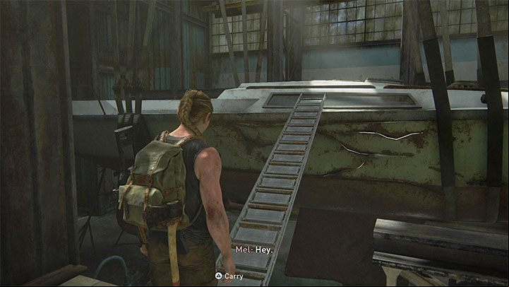 Follow the plot to reach the upper level of the hangar, raise the ladder and lay it down so that you can walk on it to the hanging boat - The Last of Us 2: Training manuals, ive skills - Character development and equipment upgrades - The Last of Us 2 Guide