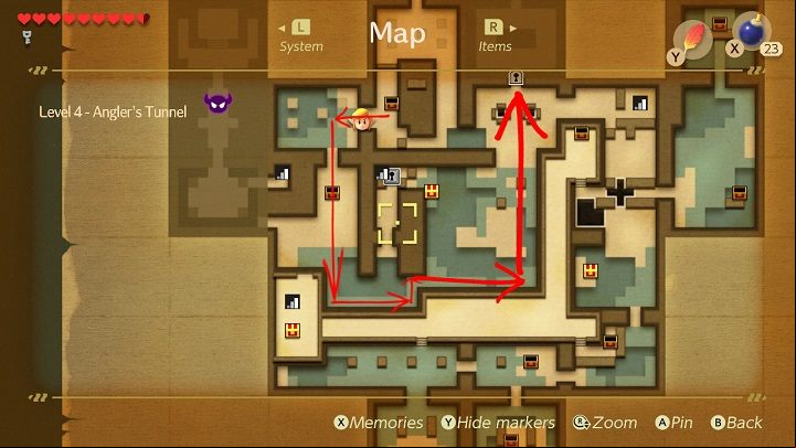 Go back the same way to the room where the key felt through a hole in the floor - Anglers Tunnel | Links Awakening Walkthrough - Walkthrough - Links Awakening Guide