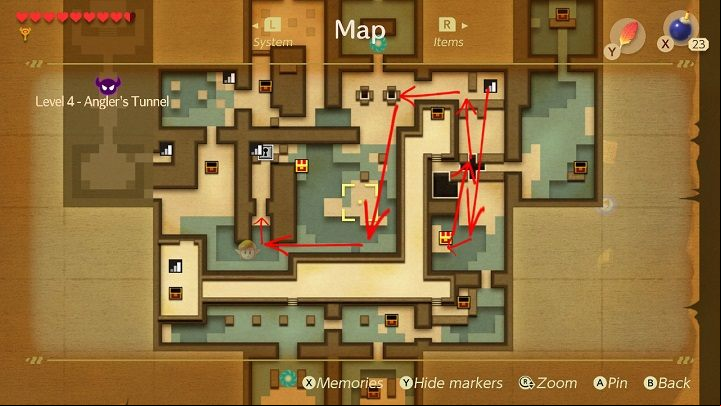Move the block to be able to go down, jump over the big hole and keep going down - Anglers Tunnel | Links Awakening Walkthrough - Walkthrough - Links Awakening Guide
