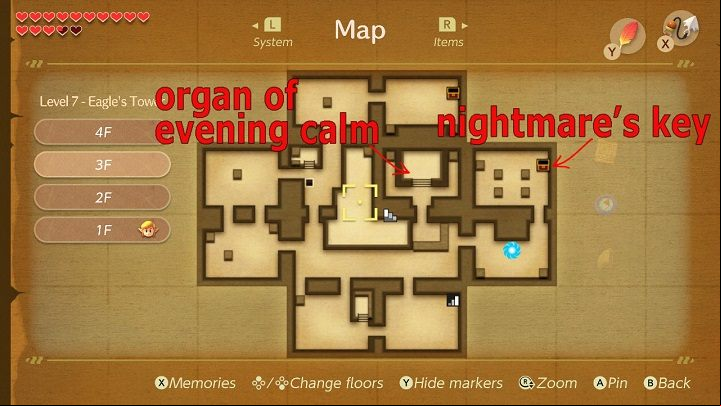 Maps of the Eagles Tower with the location of the most important items. - Eagles Tower | Links Awakening Walkthrough - Walkthrough - Links Awakening Guide