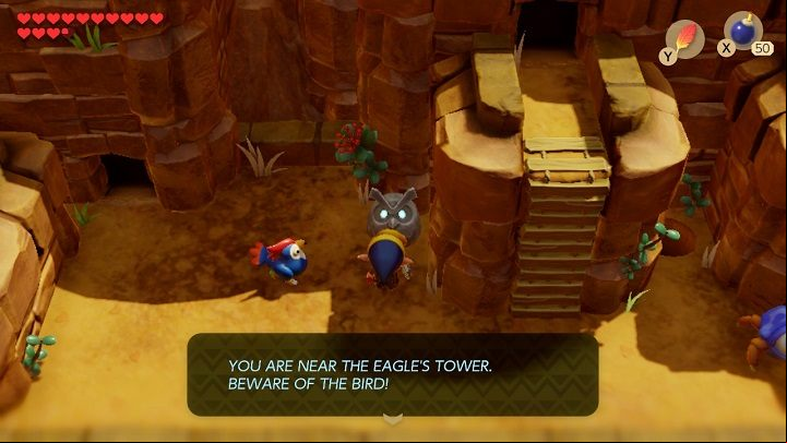 Go right, take a hint from an Owl statue and climb the ladder up to enter the next cave - Eagles Tower | Links Awakening Walkthrough - Walkthrough - Links Awakening Guide