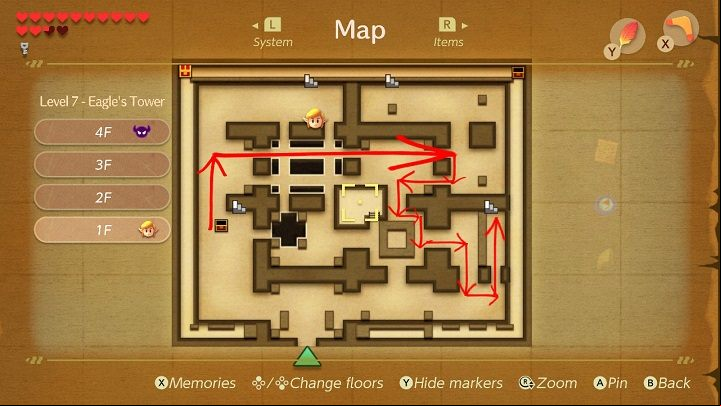Return on the orange bricks on the floor to the place where you fell and go to the chamber on the right - Eagles Tower | Links Awakening Walkthrough - Walkthrough - Links Awakening Guide