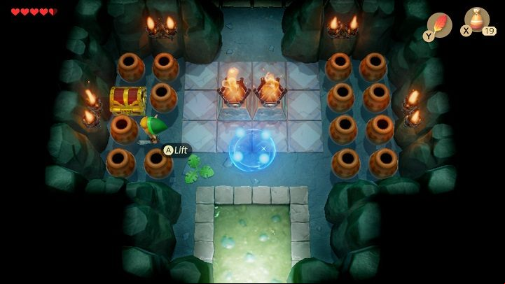 Light the torches to kill the monsters and take the Power Bracelet from the chest - Bottle Grotto | Links Awakening Walkthrough - Walkthrough - Links Awakening Guide