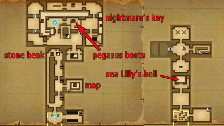 The map with the locations of major items in the Key Cavern. - Key Cavern | Links Awakening Walkthrough - Walkthrough - Links Awakening Guide