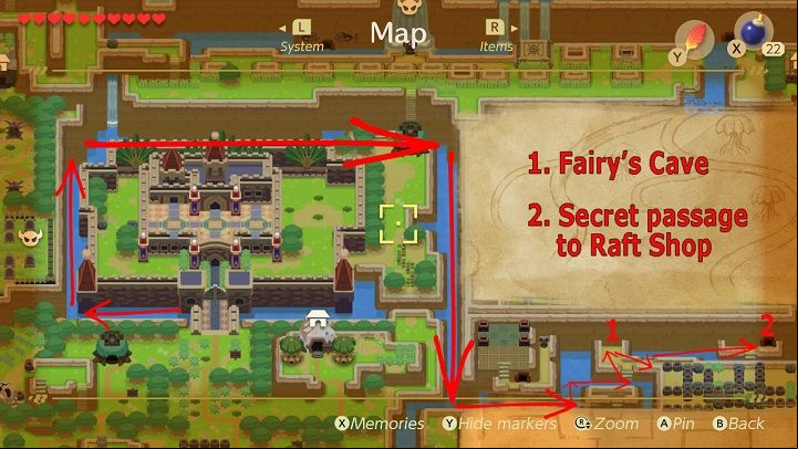 Swim around the castle and the swim down to leave the moat - Catfishs Maw | Links Awakening Walkthrough - Walkthrough - Links Awakening Guide