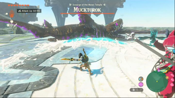 You can easily avoid all enemy attacks by jumping over the Sludge streams that the monster releases in your direction - Zelda TotK: Sidon of the Zora - Walkthrough - Zelda Tears of the Kingdom Guide