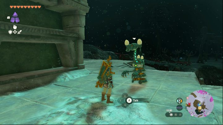 Approach the robot and collect the Schema Stone from it, an object that stores machine schematics for Zonai devices - Zelda TotK: A Mystery in the Depths - Walkthrough - Zelda Tears of the Kingdom Guide