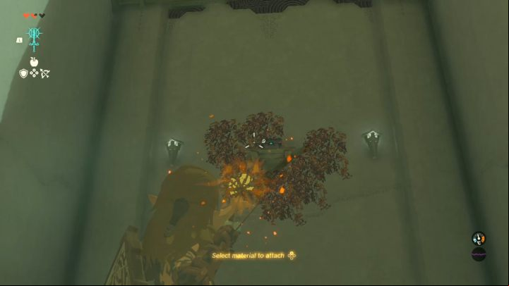 Collect the Fire Fruit from the nearby trees and press ZR to take out the bow - Zelda TotK: In isa Shrine - Sky - Zelda Tears of the Kingdom Guide