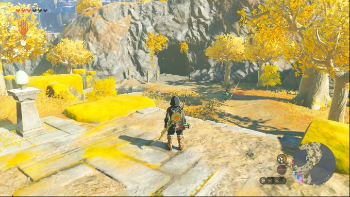 After leaving the temple, go down the stairs and keep going right until you reach the Podside Cave - Zelda Tears of the Kingdom: All Shrines on Great Sky Island - Sky - Zelda Tears of the Kingdom Guide