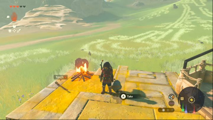 Lift the balloon lying on the ground using the Ultrahand skill and attach it to the wooden platform next to Impa - Zelda TotK: Impa and the Geoglyphs - Walkthrough - Zelda Tears of the Kingdom Guide