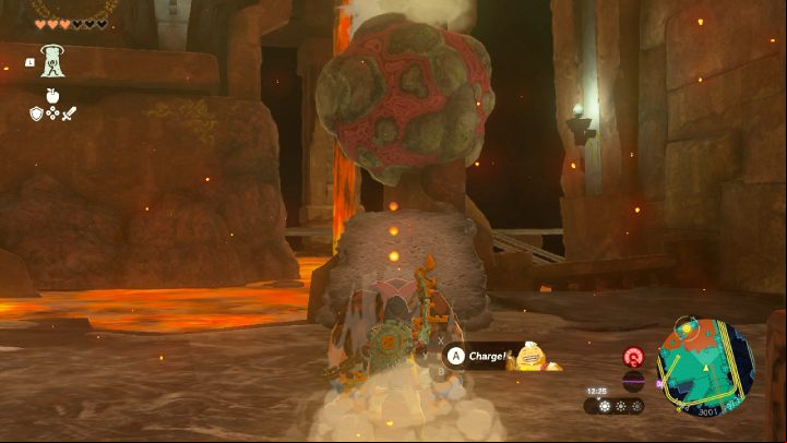 Destroy the red boulder and then move the stone platform so it is aligned with the gong - Zelda TotK: Yunobo of Goron City - Walkthrough - Zelda Tears of the Kingdom Guide