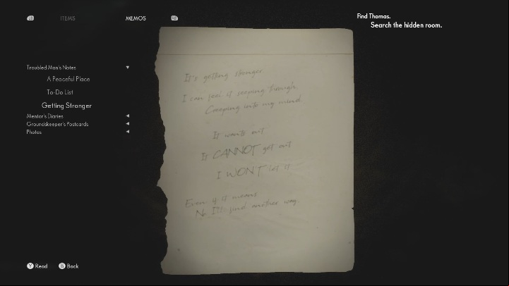To get the note you must explore the right side of the room and look at the floor - The Medium: Notes from a troubled man - list - Secrets and Collectibles - The Medium Guide